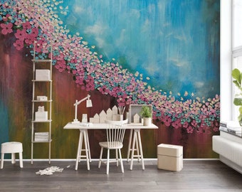 Blossom Oil Painting Self Adhesive Peel and Stick Wall Sticker Floral Bohemian Removable Non-Pasted Textured Wallpaper