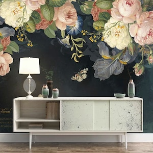 Dark Floral Self Adhesive Wall Decoration Oil Painting Pink Peony Flower Non-Pasted Textured Wallpaper