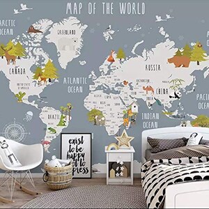 Papel tapiz autoadhesivo para niños, sin necesidad de pegar, con diseño de mapa del mundo y animales