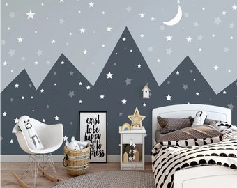 Triangle Row Of Mountains Self Adhesive Peel and Stick Wall Sticker Midnight Sky and Stars Crescent Removable Non-Pasted Textured Wallpaper