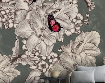 Botanic Flowers Butterflies Dark Background Floral Removable Wallpaper