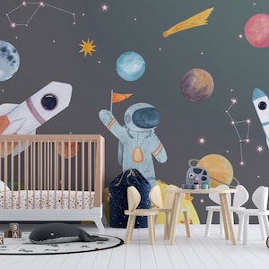 Spazio Astronave Astronauta Pianeti Orbita Stelle Carta da parati, stacca e attacca / Murale testurizzato rimovibile non incollato