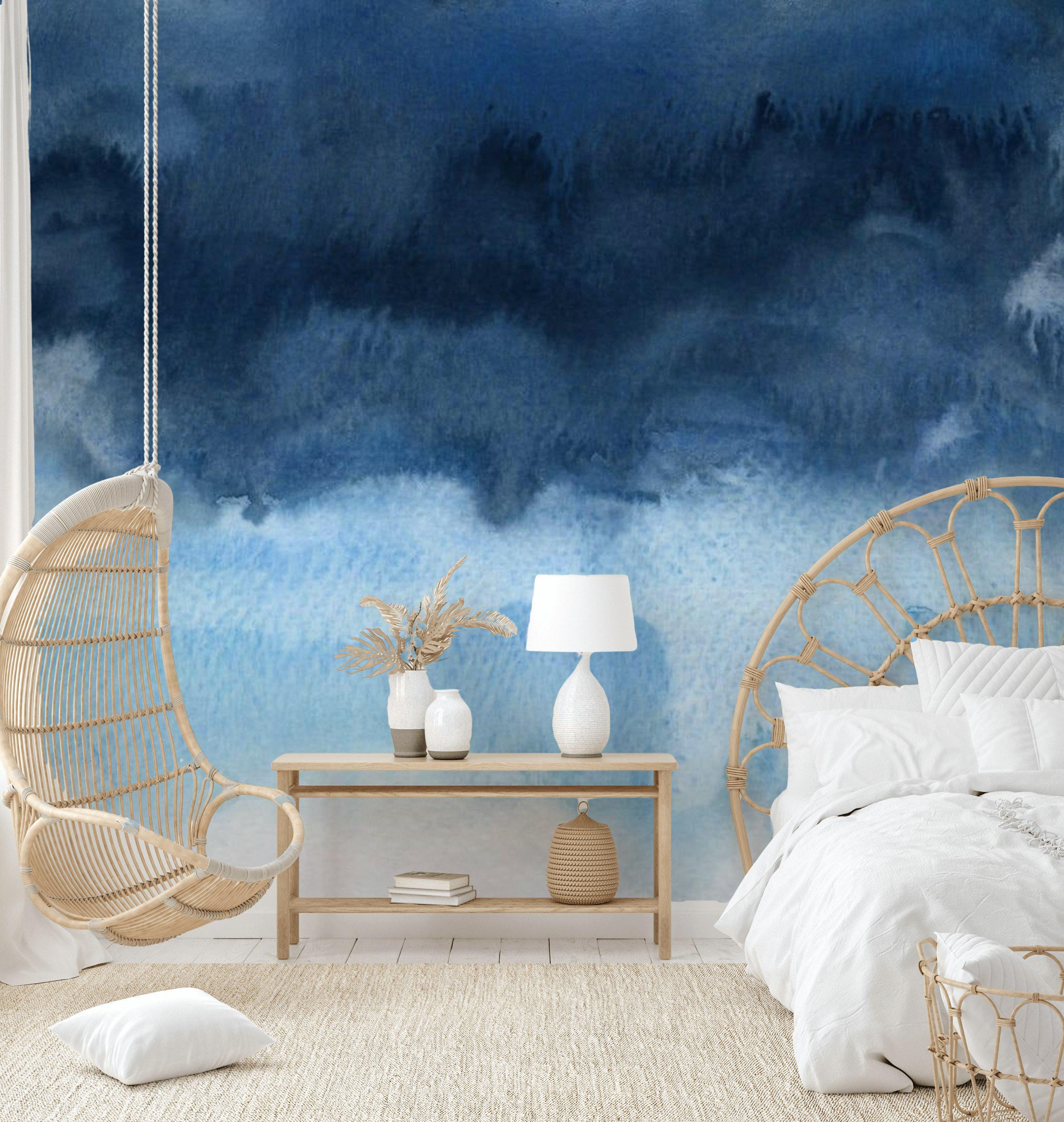 Art Design Dark Blue White and Bluish Wallpaper, Peel and Stick / Non-Pasted Textured Removable Mural