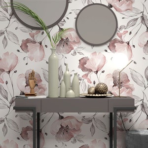 Pink Flowers and Gray Leaves Design White Background Wallpaper, Peel and Stick / Non-Pasted Textured Removable Mural