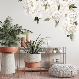 20 Piece White Peony Flowers and Leaves Removable Floral Wall Decal Set Peel&Stick Removable Self Adhesive Wall Sticker