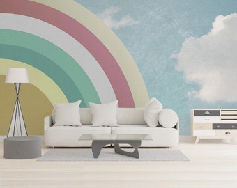 Half Rainbow and Clouds Blue Sky Self Adhesive Peel and Stick Minimalistic Removable Wallpaper