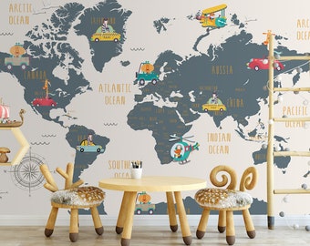 World Map and Cartoon Animals Self Adhesive Peel and Stick Removable Non-Pasted Textured Wall Paper