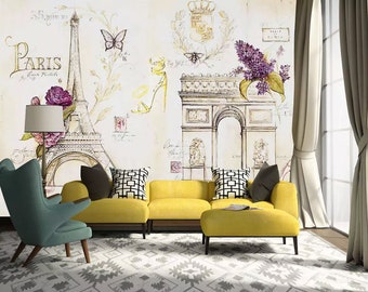 Vintage Colorful Paris Self Adhesive Peel and Stick Wall Decoration Drawing Non Pasted Textured Wallpaper