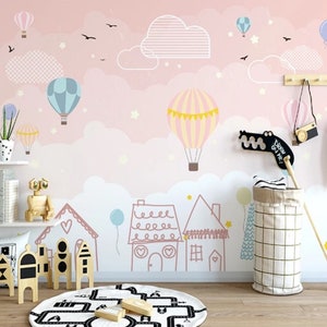 Hot Air Balloons Clouds Birds Stars Houses Pink Background Wallpaper Peel and Stick / Non-Pasted Textured Removable Mural