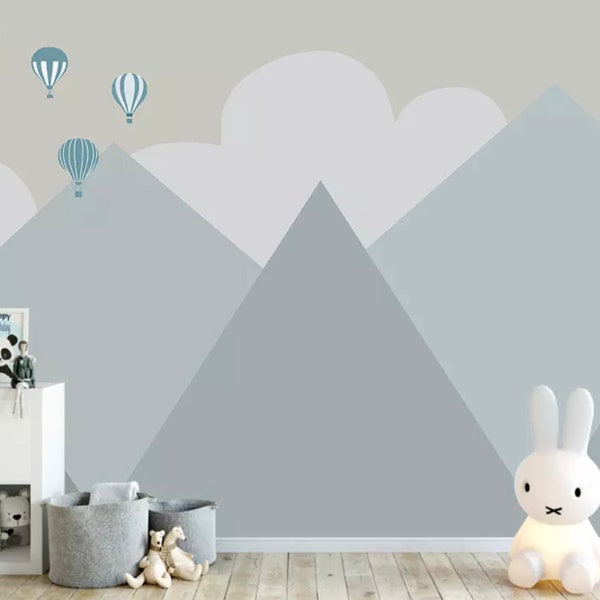 Cartoon Mountain Landscape Self Adhesive Wall Mural Soft Hot Air Balloon Removable Non-Pasted Textured Wallpaper