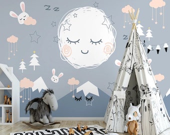 Lune endormie Pleine lune Auto-adhésif Peel and Stick Montagnes Lapins Nuages Étoiles Arbres Papier peint texturé non collé amovible