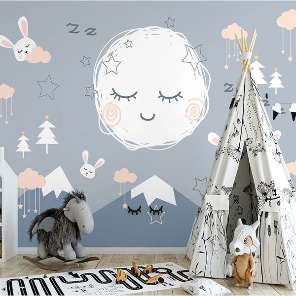 Sleeping Moon Full Moon Self Adhesive Peel and Stick Mountains Rabbits Clouds Stars Trees Removable Non-Pasted Textured Wallpaper