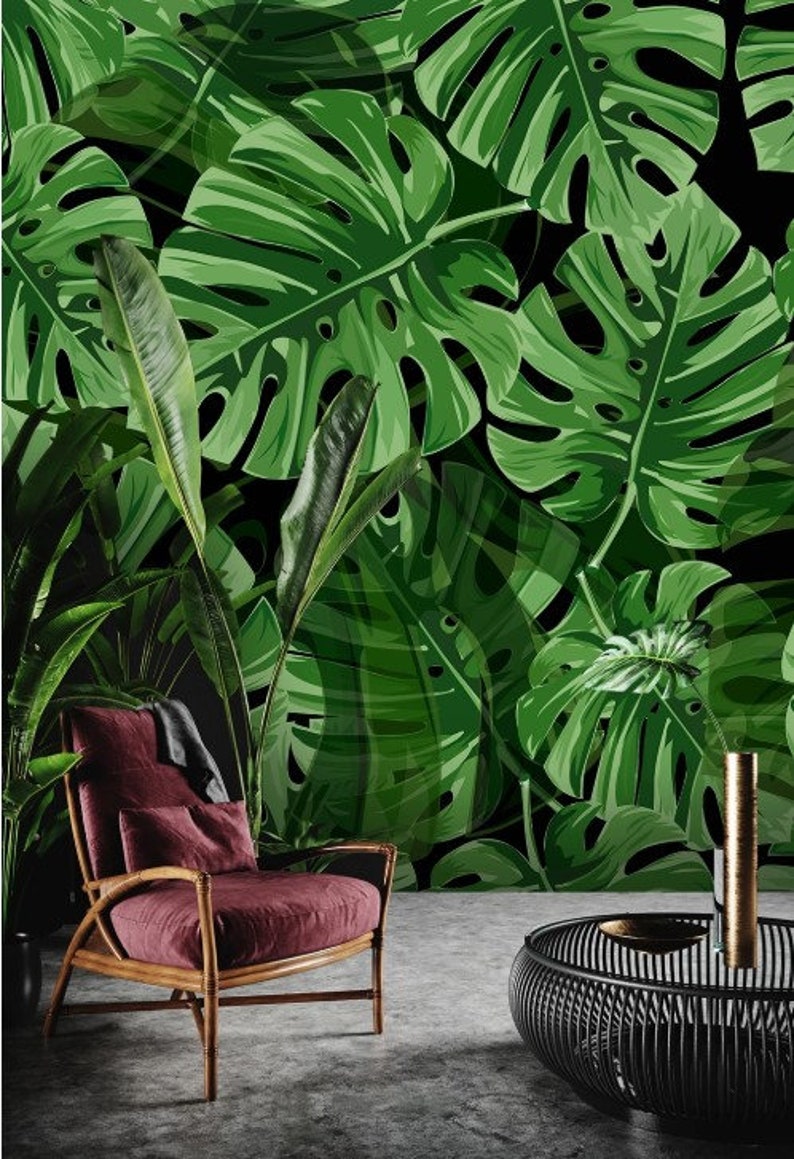 Fondo de pantalla extraíble con diseño escandinavo minimalista vivo de hoja verde grande floral imagen 1