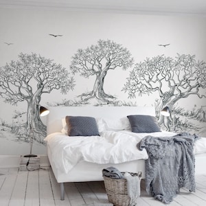 Forest Charcoal Self Adhesive Peel and Stick Wall Decoration Tree Drawing Removable Non-Pasted Textured Wallpaper