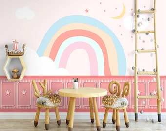 Rainbow Pink Sky Crescent Moon Self Adhesive Peel & Stick Wall Decoration Stars Clouds Scandinavian Design Removable Non-Pasted Wallpaper