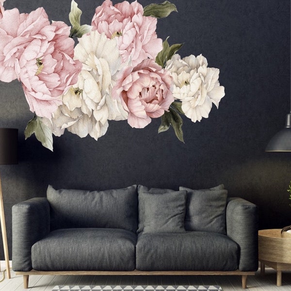 Peel&Stick Peony Bouquet Flowers 20 Piece Soft Pink Peonies and Leaves Removable Self Adhesive Wall Decal Set