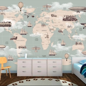 Fondo de pantalla extraíble con mapas del mundo en forma de elipse y vehículos de transporte para niños