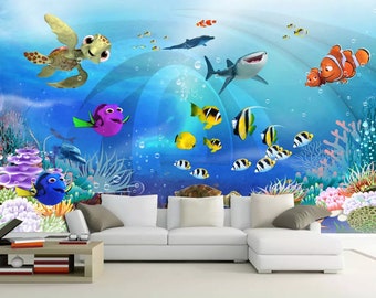 Cartoon Undersea Self Adhesive Peel and Stick Wall Decor Colorful Fish Removable Non-Pasted Textured Wallpaper