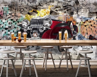 Vintage Car Graffiti Brick Wall Mural - Peel and Stick Wallpaper