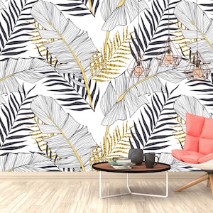 Carta da parati rimovibile con foglie tropicali esotiche in bianco e nero e oro