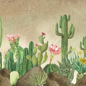 Sfondo di piante floreali, cactus del deserto verde, fiori rosa, carta da parati rimovibile