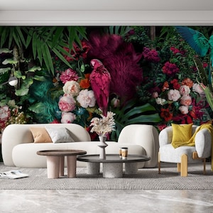 Floral Colorful Peony Flower and Parrot Wallpaper, Peel and Stick / Non-Pasted Textured Removable Mural