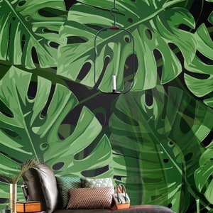 Floral Big Green Leaf Vivid Minimalistic Scandinavian Design Removable Wallpaper zdjęcie 2