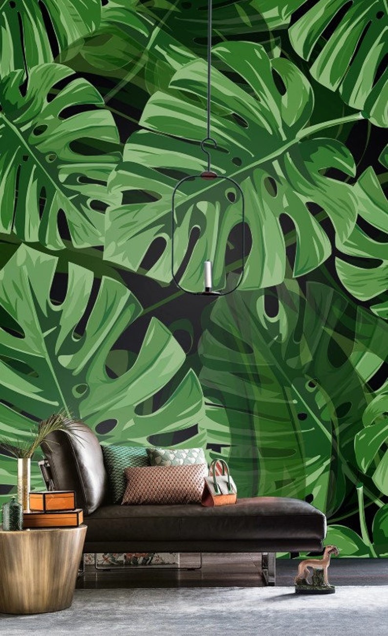 Fondo de pantalla extraíble con diseño escandinavo minimalista vivo de hoja verde grande floral imagen 2