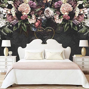 Dark Floral Soft Rose Peony Blossom Self Adhesive Peel and Stick Removable Non-Pasted Textured Wallpaper