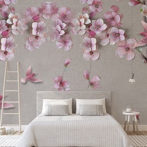 3D 桜の油絵花の壁紙、剥がして貼るだけ / 貼り付け不要のテクスチャーのある取り外し可能な壁画