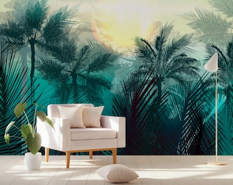 Papel pintado de palmeras: Mural de pared autoadhesivo con diseño de selva tropical