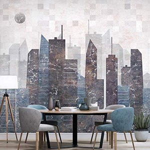 Retro Geometric Cityscape Self Adhesive Peel and Stick Wall Sticker City Landscape Removable Non-Pasted Textured Wallpaper