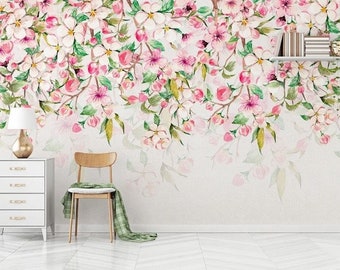 Papel pintado removible de flores de jardín rosa con patrón floral moderno