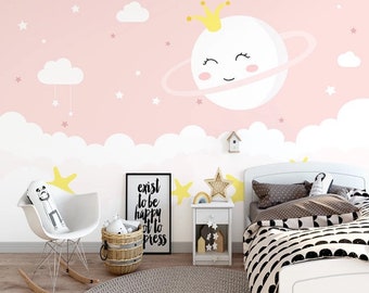 Smiling Full Moon Clouds Stars On The Pink Background Self Adhesive Peel and Stick Removable Non-Pasted Textured Wallpaper