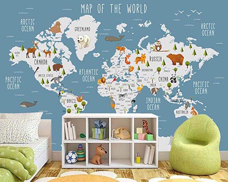 Blue World Map Wall Mural: Animal Cartoon Peel & Stick Wallpaper - Etsy