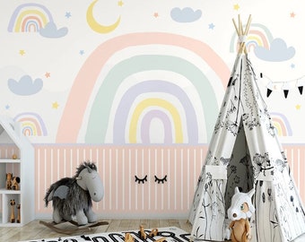 Soft Rainbow Stars Self Adhesive Peel and Stick Crescent Moon Sun Cloud Removable Non-Pasted Textured Wallpaper