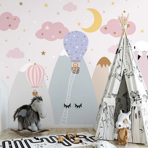 Stars Pink Clouds Hot Air Balloons Crescent Moon Snowy Colorful Mountains Peel & Stick Wall Mural Removable Non-Pasted Wallpaper
