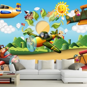 3D Kinderwald Cartoon Hubschrauber Selbstklebendes Peel&Stick Wandbild Abnehmbare Tapete ohne Kleister