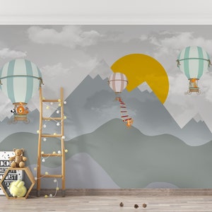 Mountains Hot Air Balloons Self Adhesive Peel and Stick Wall Sticker Kids Sun Removable Non-pasted Textured Wallpaper