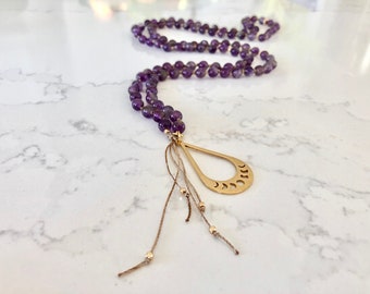 Amethyst Moon Phase Charm Mala / 6mm Purple Meditation Mala / 108 Bead Mala / Yoga Gift / Gold Moon Phase Charm