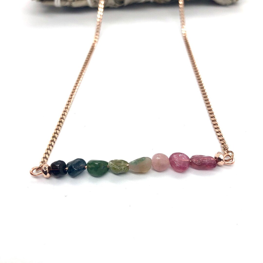 Watermelon Tourmaline Bar Necklace on Rose Gold, Gold or Silver Platted