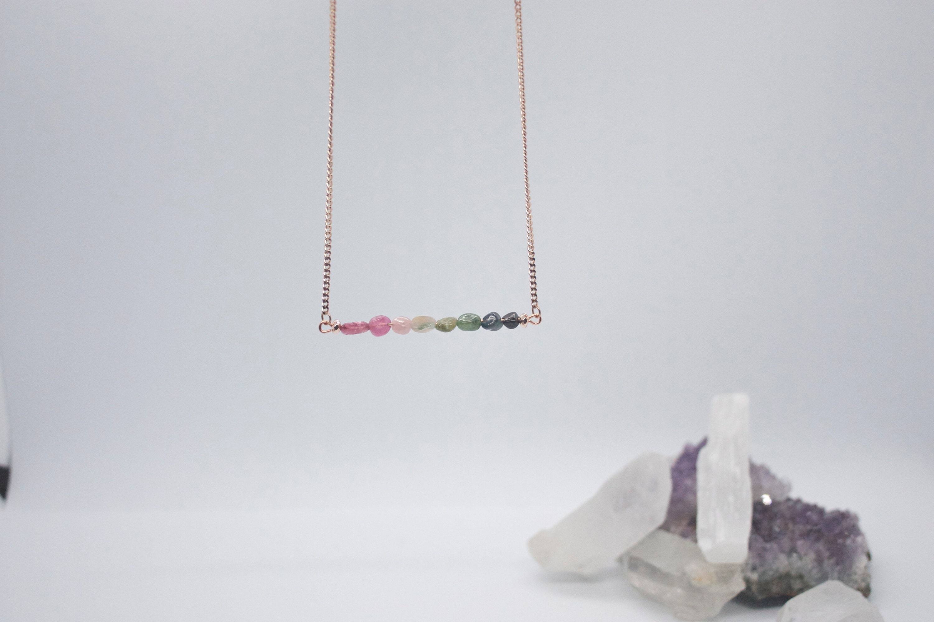 Watermelon Tourmaline Bar Necklace on Rose Gold, Gold or Silver Platted