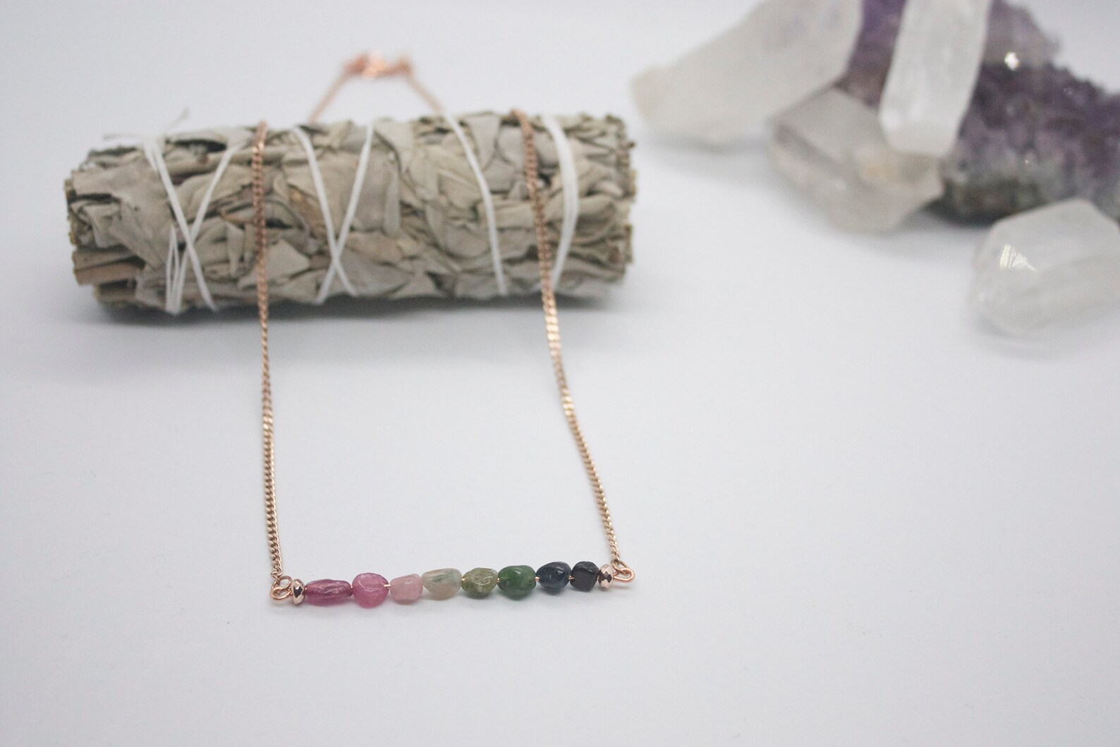 Watermelon Tourmaline Bar Necklace on Rose Gold, Gold or Silver Platted