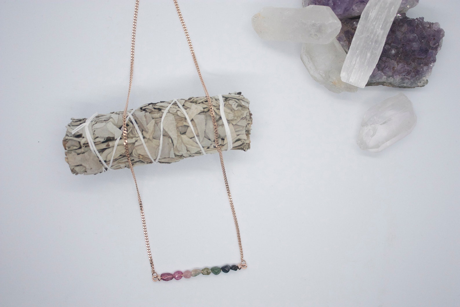 Watermelon Tourmaline Bar Necklace on Rose Gold, Gold or Silver Platted