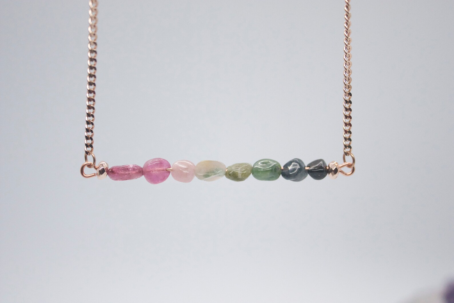 Watermelon Tourmaline Bar Necklace on Rose Gold, Gold or Silver Platted