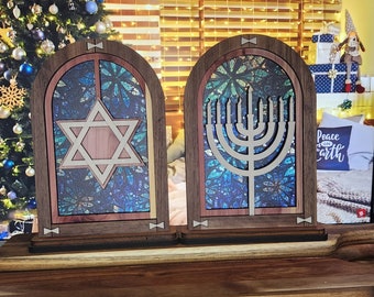 Handcrafted Wooden Judaica Holiday Arches, Star of David, Menorah, Jewish Celebration