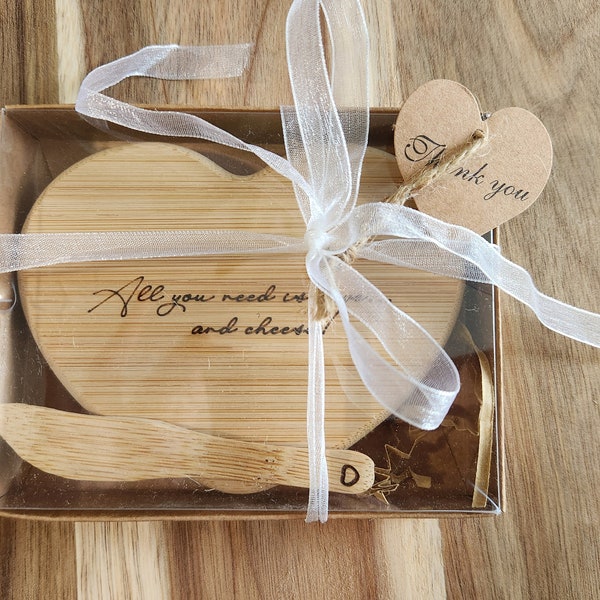Heart Shaped Bamboo Cheese Board and Spreader Set, Charcuterie Board Favor, Charcuterie Party, Wood Board Favor, Wood Board and Spreader Set