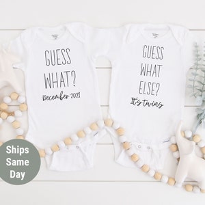 Twins Pregnancy Announcement Onesie®, Guess What Personalized Twin Onesies®, Twins Pregnancy Reveal Onesie®, Cute Custom Twin Baby Bodysuits