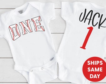 First Baseball Birthday Shirt, One Year Old Baseball Birthday Bodysuit, Personalized Custom Name 1st Boys Baseball Birthday Romper Shirt