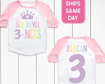 Third Birthday Girl Shirt, Her Royal 3 Ness Shirt, Girls 3rd Birthday Shirt, Personalized Name Birthday T-Shirt, Princess Rainbow Themed